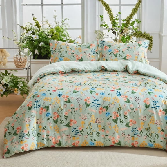 Joyfy King Size Comforter Set Light Green, 3 Pieces Floral King Bedding Set with 1 Soft Reversible Flower Comforter and 2 Pillow Shams, Bed in a Bag for All Seasons