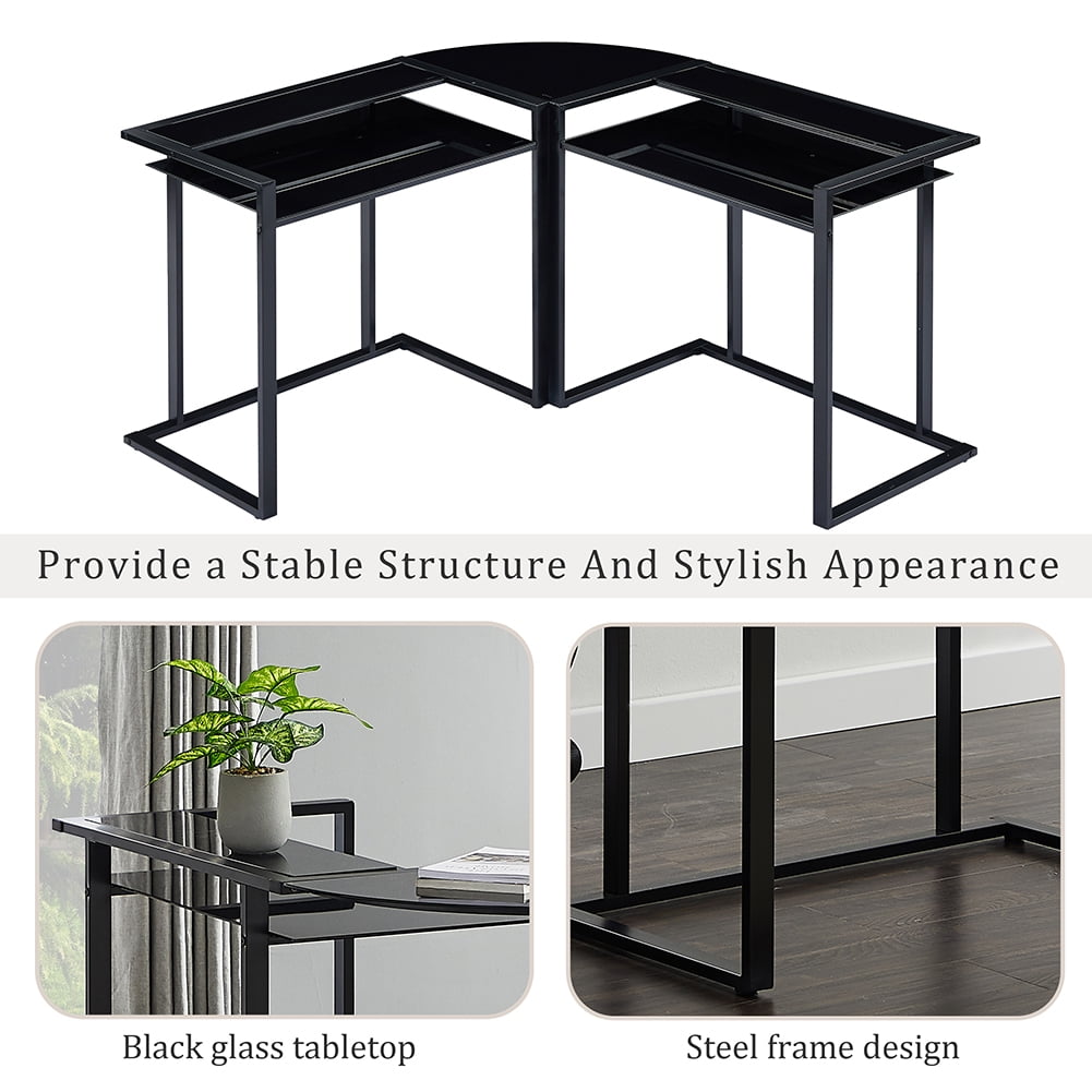 Lowestbest 56" Home Office Computer Desk, L-Shaped Glass Desk with Shelf, Round Corner Glass Workstation Desk, Black Lowestbest 56" Home Office Computer Desk, L-Shaped Glass Desk with Shelf, Round Corner Glass Workstation Desk, Black