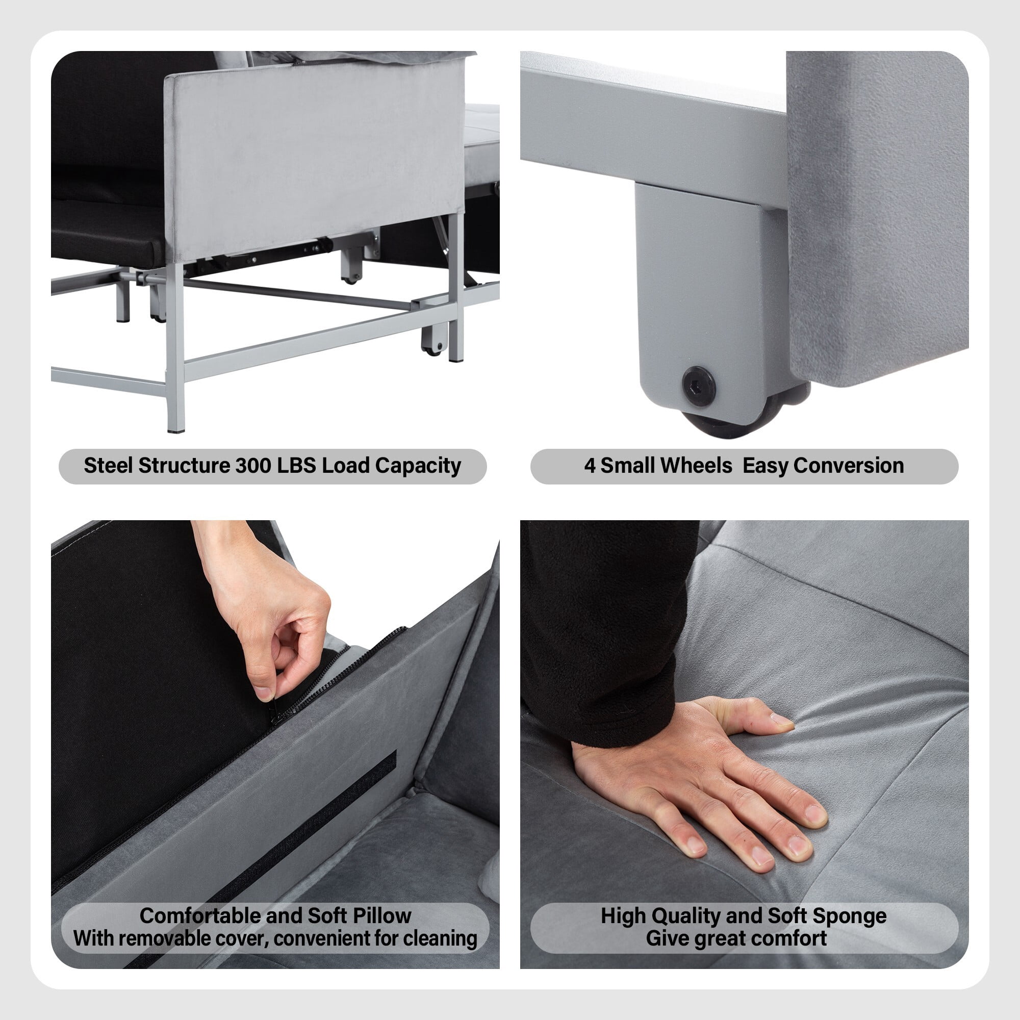AENKYO 3-in-1 Convertible Sleeper Chair Bed with Adjustable Backrest, Velvet Chaise Lounge Sofa for Small Spaces, Gray
