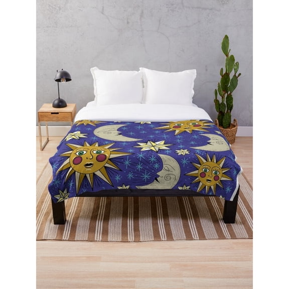 Whimsical Sun, Crescent Moon and Stars Blue and Gold Fleece Blanket, Polyester Fleece Fabric, 280 GSM, Celestial Style