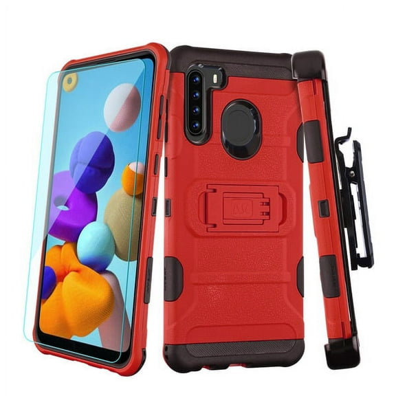 Samsung Galaxy A21 Phone Case Combo 3 in 1 Hybrid Impact Armor Rugged TPU Rubber Silicone Shockproof Protective Cover with Holster Belt Clip & Tempered Glass RED Cover for Samsung Galaxy A21