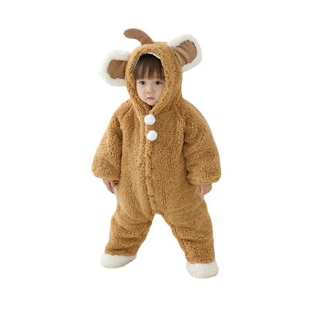 

Paille Baby Long Sleeve Cute Onesies Plush Travel Fleece Romper Spliced Home Hooded Jumpsuit Winter Outwear Outfits Khaki 59cm