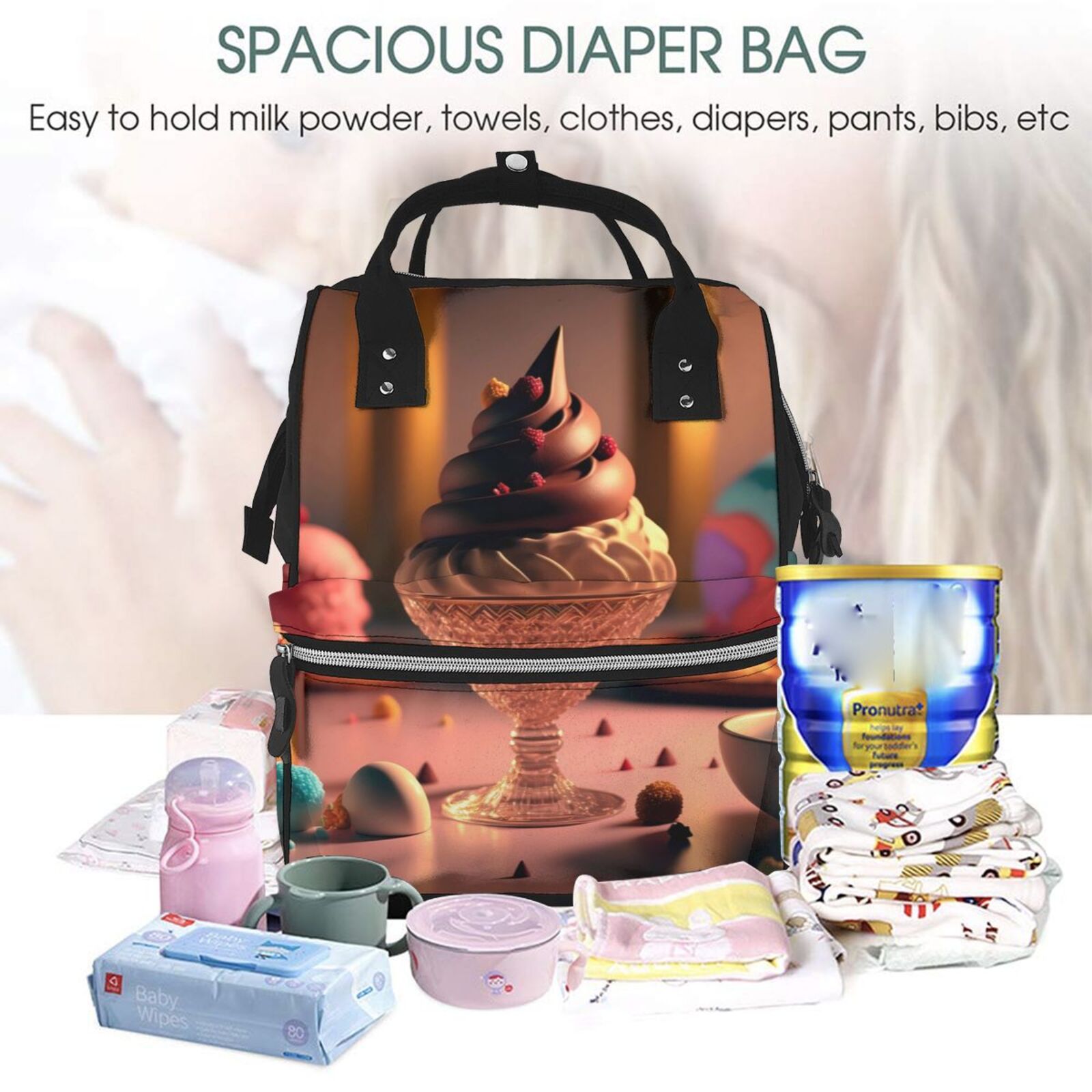 Fuzoiu Colorful Cake Ice Cream Print Diaper Bag Backpack,Baby Essentials Travel Tote,Multi function Waterproof Diaper Bag, Travel Essentials Baby Bag - Unisex