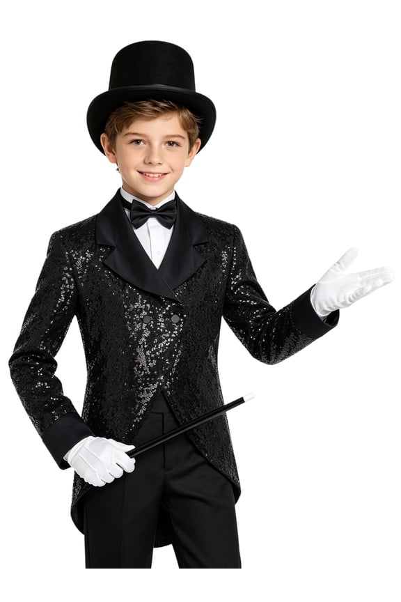 Boys Sequin Tailcoat Classic Fit Tuxedo Suit Jacket Party Show Magician Outfit with Hat Gloves Magic Wand Black 12