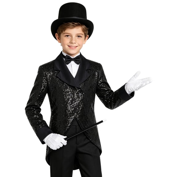 TiaoBug Boys Sequin Tailcoat Classic Fit Tuxedo Suit Jacket Party Show Magician Outfit with Hat Gloves Magic Wand Black 10