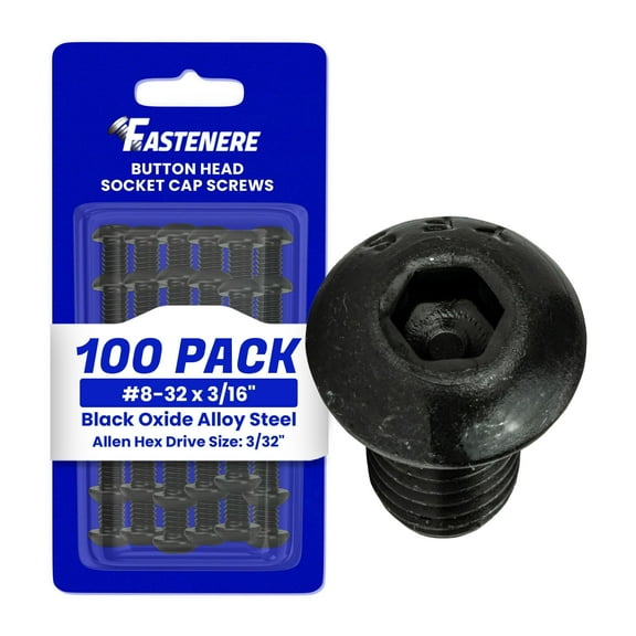 Fastenere Button Head Socket Cap Screws - 8-32 x 3/16" (100-Pcs) Alloy Steel, Fully Threaded, Fine Black Oxide Finish, Corrosion-Resistant, Machine Thread, Easy to Install w/ Allen Hex Drive