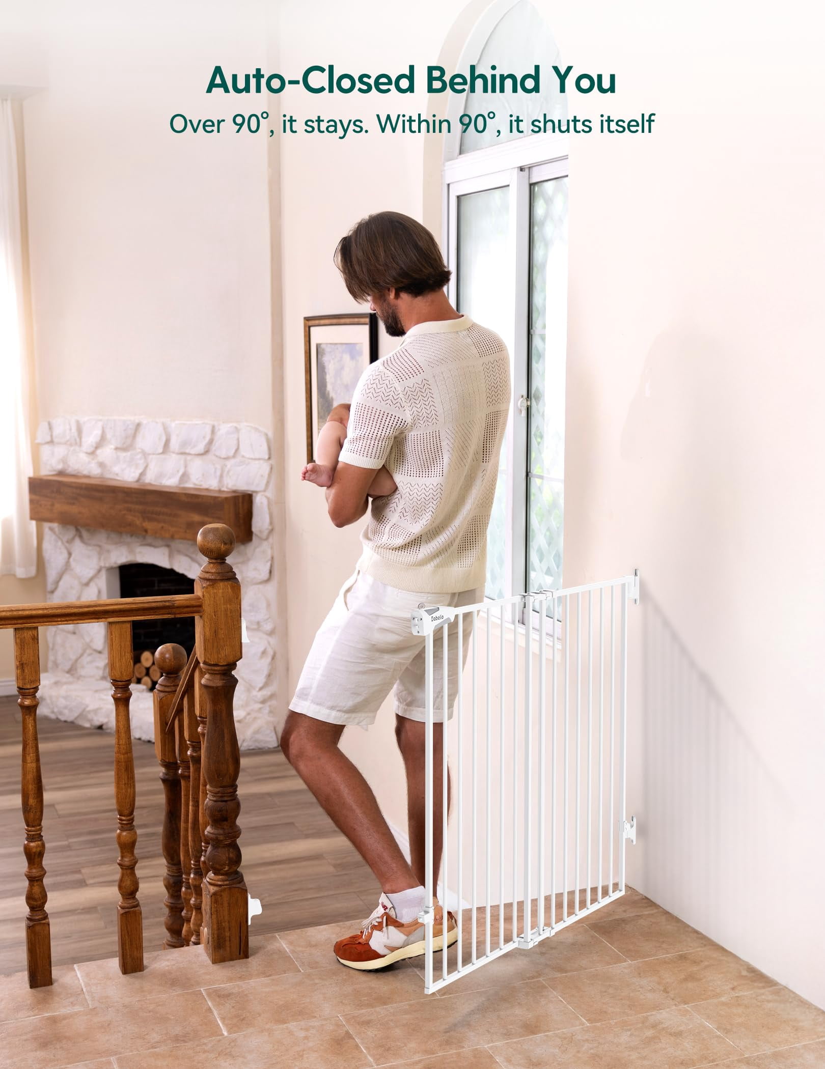 Gate for Stairs & Doorways, 26-43" W 34" H Extra Tall| No Bottom Bar| Easy Installation| One-handed Operation| Auto-close| Hardware Mount (Drill Needed) Safety Dog/Pet Gate Indoor (White)