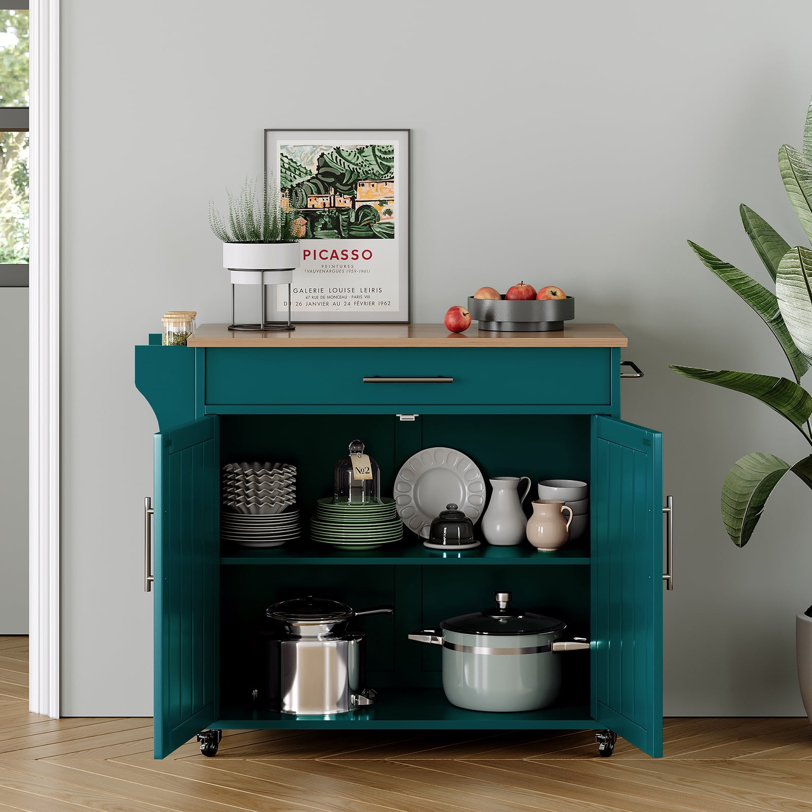 Pingliang Home 35" Kitchen Pantry Cabinet Kitchen Island with Storage,Wood Top Cart with Wheels,Fits for Home Coffee Bar