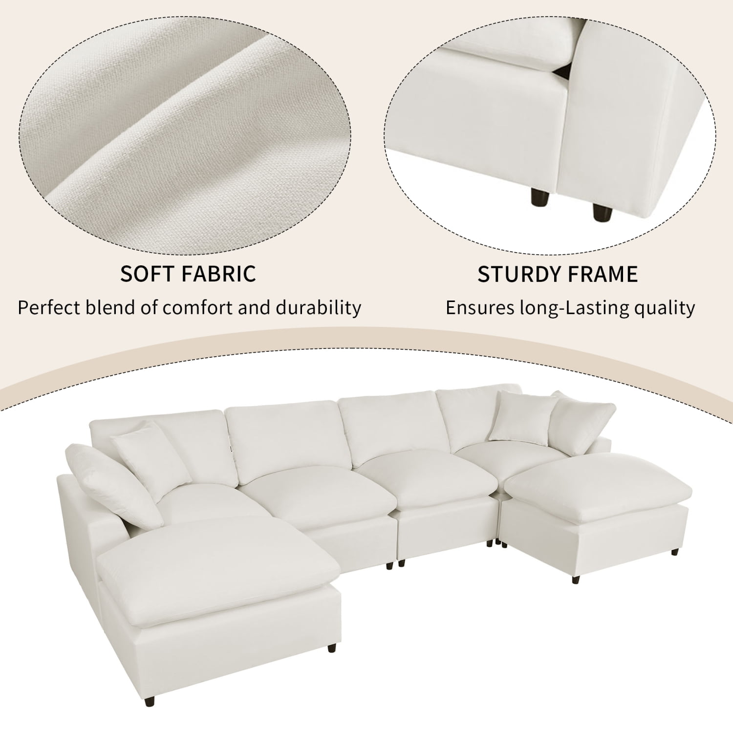 Harper & Bright Designs Convertible Modular Sectional Sofa with 2 Removable Ottomans & Pillows, Large U Shape Cloud Couch with Reversible Chaise for Living Room, Beige