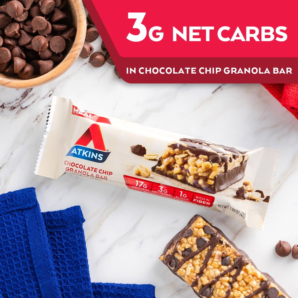 Atkins Chocolate Chip Granola Protein Meal Bar, High Fiber, Low Sugar, Meal Replacement, Keto Friendly, 6/8 Packs