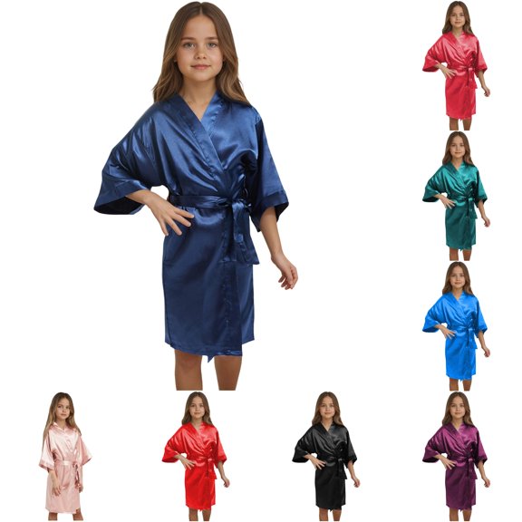 FYDUU Kids Girl's Silky Satin Kimono Robe for Wedding Birthday Party Children's Pajamas Solid Color Short Kimono Bathrobes 7-8 Years