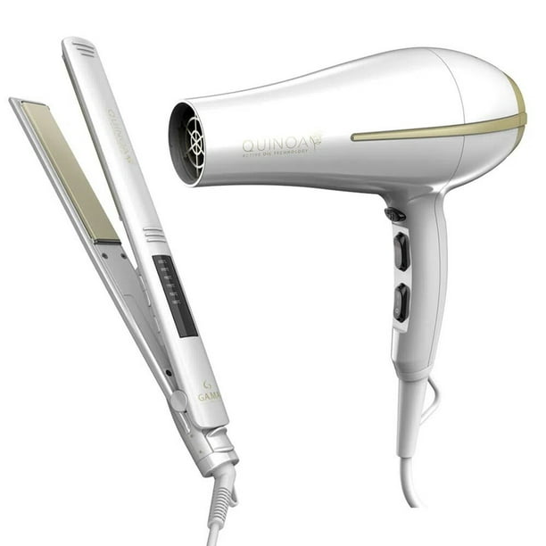Combo Secadora y Alaciadora de cabello Quínoa Color Blanco Gama BORA  QUINOA-DW ELEGANCE LED QUINOA