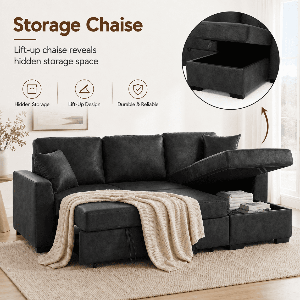 Howcool 94" Upholstered Sectional Sofa with Pull-Out Bed and Storage Chaise,Textured Fabric Sleeper Couch with USB Charger & Cup Holders for Living Room,Black