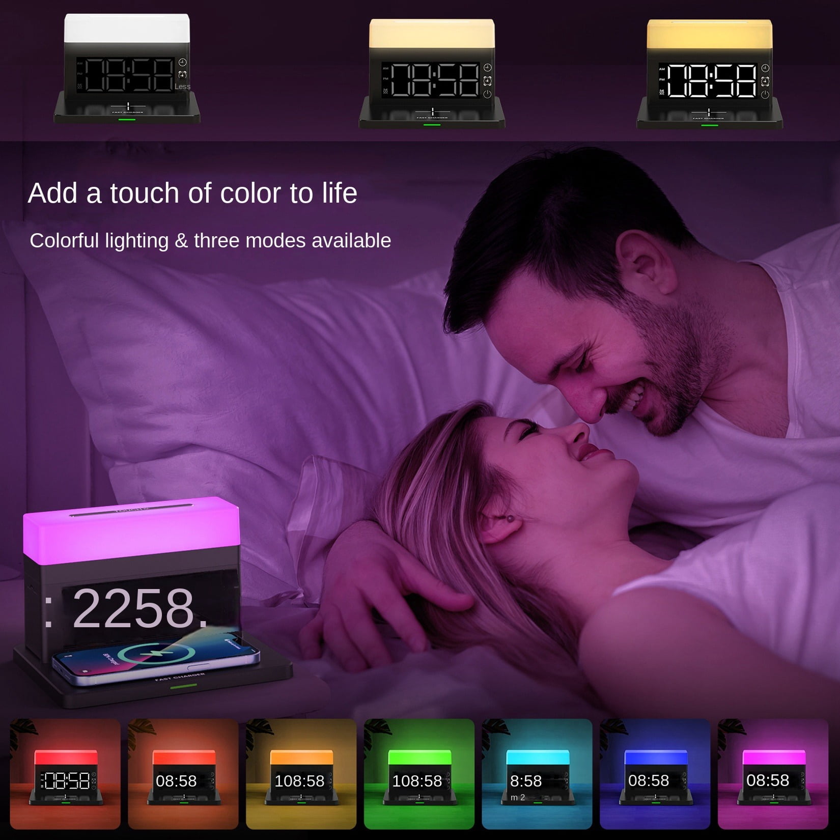 6 in 1 Wireless Charger,6 in 1 Wireless Charging Station with Digital Alarm Clock,Clock,Colorful Atmosphere Night Light,15W Fast Charger Compatible with iPhone 14/13/12/11/XS/8 Samsung Galaxy AirPods