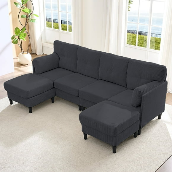 Puremind U Shaped Sofa with 2 Movable Ottomans, Corduroy Modular Sectional Couch for Living Room/Apartment, Dark Grey