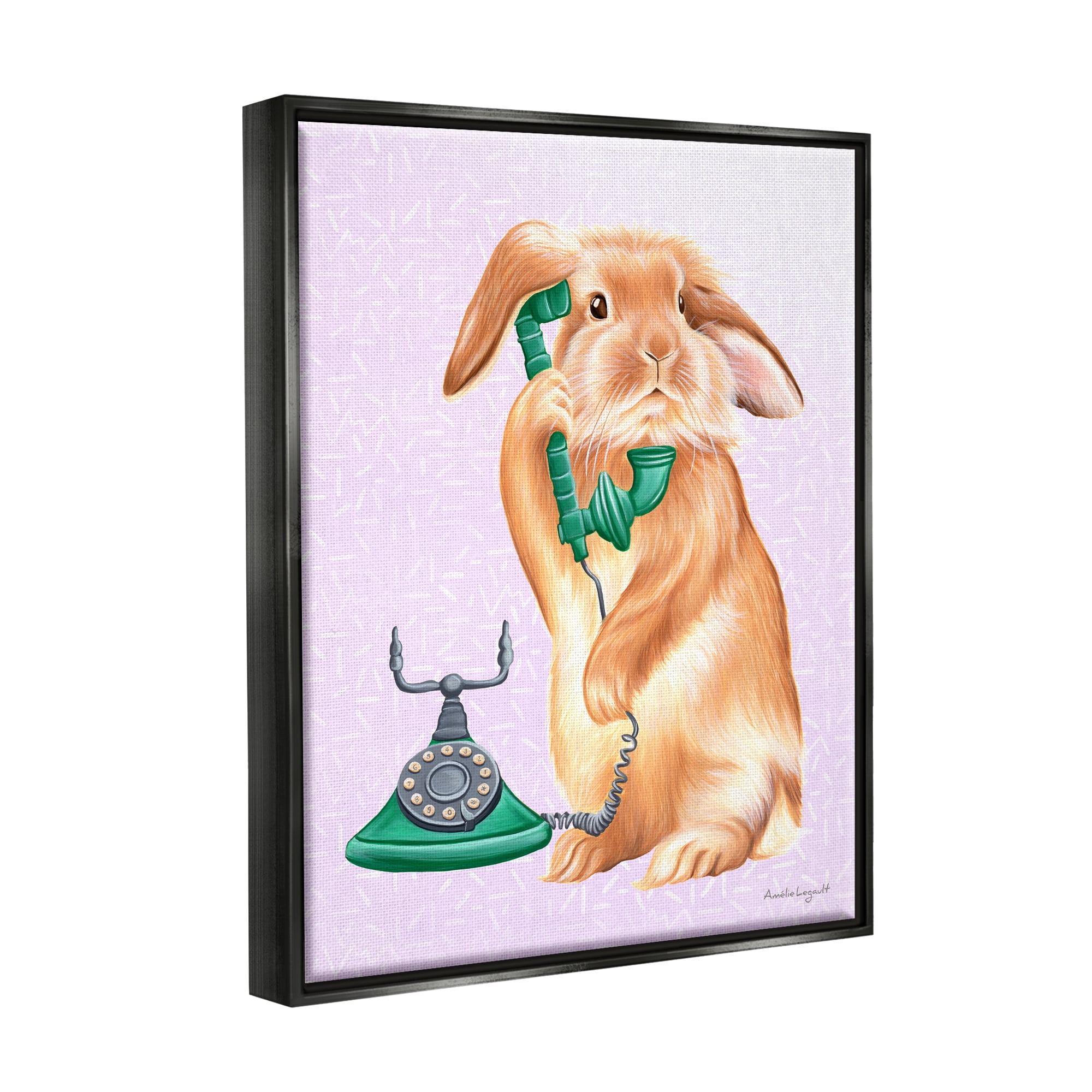 Stupell Industries Fluffy Bunny Rabbit Talking Green Rotary Phone Graphic Art Jet Black Floating Framed Canvas Print Wall Art, Design by Amelie Legault