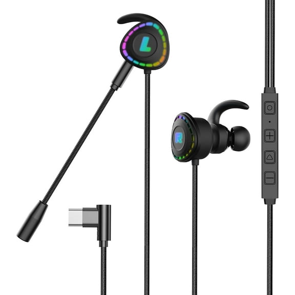 USB-C in-Ear Gaming Headset,Type-C Gaming Earbuds Wired E-Sport Earphone Noise Cancelling Stereo Bass Gaming Headphone with Adjustable Mic and RGB Light for iPhone 16/15Pro Max Pixel 8 7 6