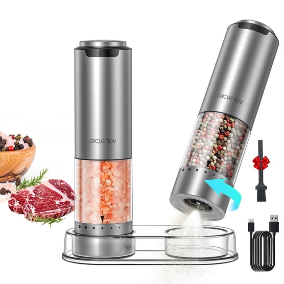 CIRCLE JOY Electric Rechargeable Salt and Pepper Grinder Set with 6 Levels Adjustable Coarseness, Stainless Steel Electric Salt M