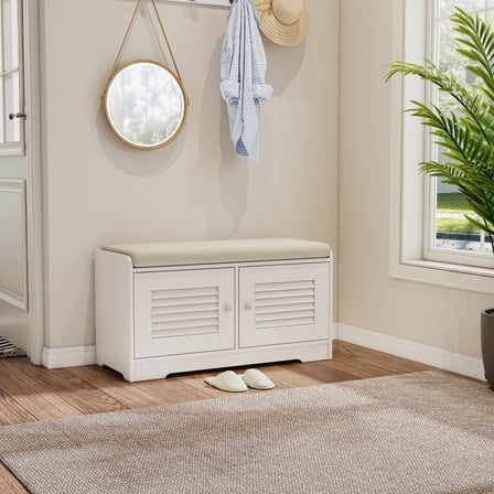 TIMOREN 28.74‘’ Shoe Storage Bench, Entryway Bench with 2 Door Cabinet, with Removable Cushion & Adjustable Shelves, Louvered Door Shoe Rack for Hallway, White
