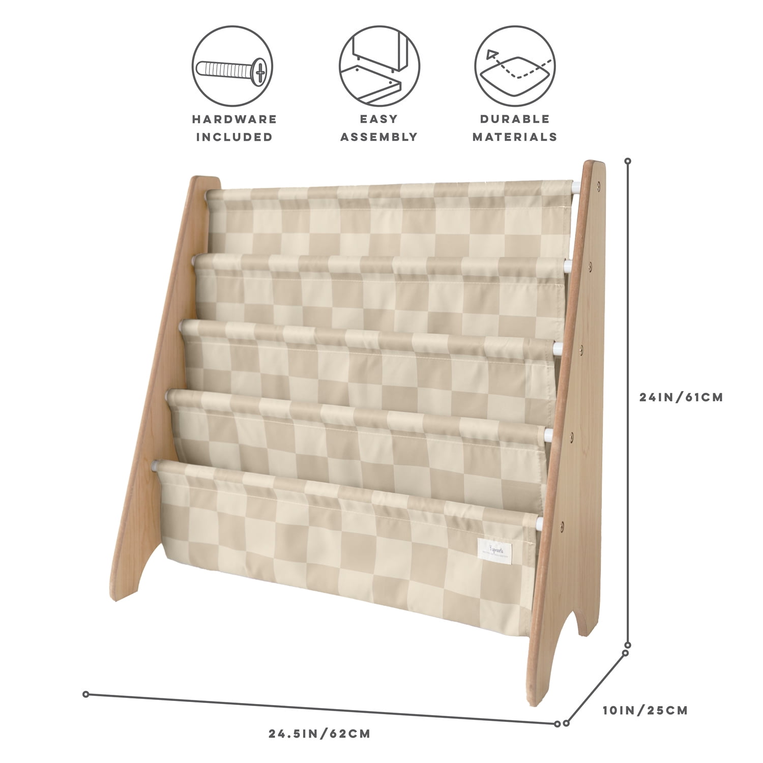 3 Sprouts Recycled Fabric Kids Book Rack Storage Bookshelf Organizer in Checkerboard Beige for Ages 3+