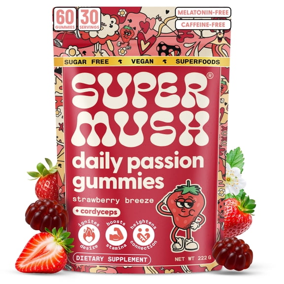 SuperMush Daily Passion Gummies - Cordyceps, Reishi & Maca Root - 60 Count