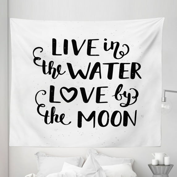 Lettering Tapestry, Live in the Water Love by the Moon Typography Mermaid Romance Saying, Fabric Wall Hanging Decor for Bedroom Living Room Dorm, 5 Sizes, White and Dark Grey, by Ambesonne