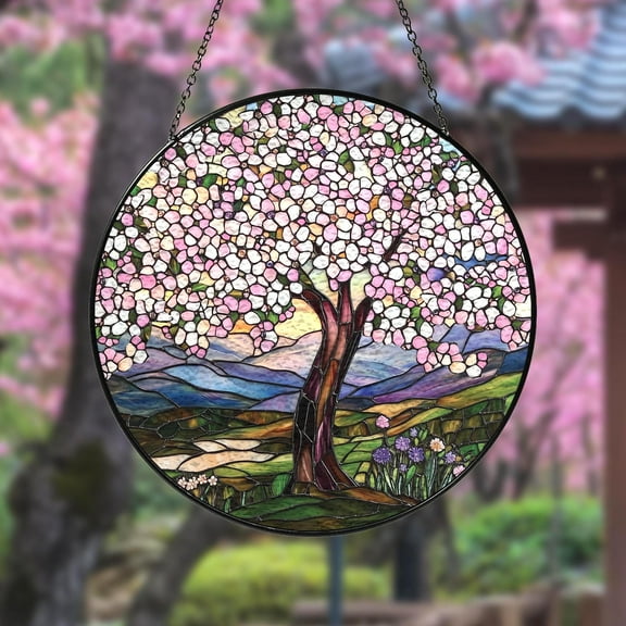 Stained Glass Cherry Blossoms Suncatcher, Japanese Glass Art Gift, Sakura Tree Window Hanging Ornament, Birthday Gift, Garden Cherry Decor