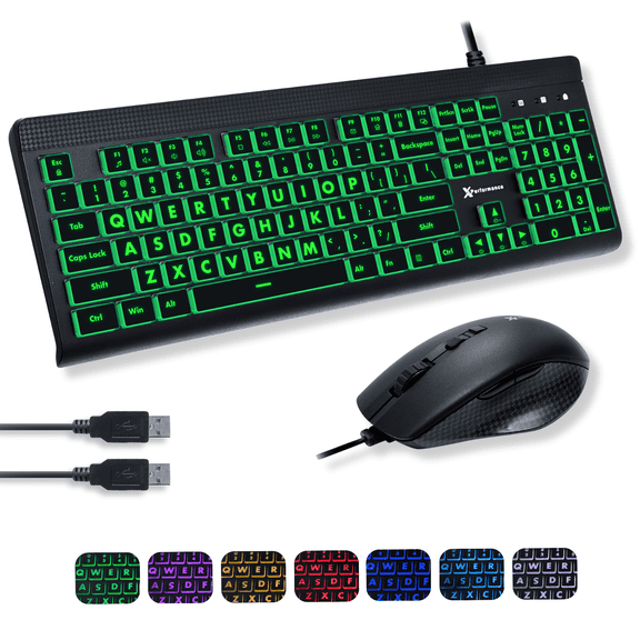 X9 Large Print Backlit Keyboard  and Mouse Combo– USB Wired Lighted Keyboard for Seniors, 7-Color LED