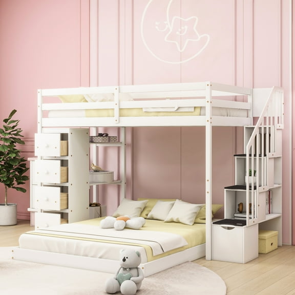 Twin Over Full Bunk Bed In White - Optimize Space Utilization With 3-layer Shelves, Drawers, And Stairs Practical Storage Your Bedroom Layout