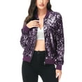 thumbnail image 3 of Womens Long Sleeve Sequin Front Zip Jacket Long Sleeve Ribbed Cuffs Outerwear Tops, 3 of 5