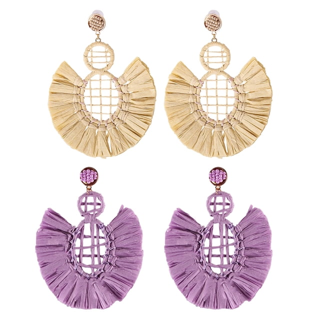 2 pares de pendientes redondos de rafia – Pendientes de paja boho – Pendientes colgantes geométricos para mujeres y niñas