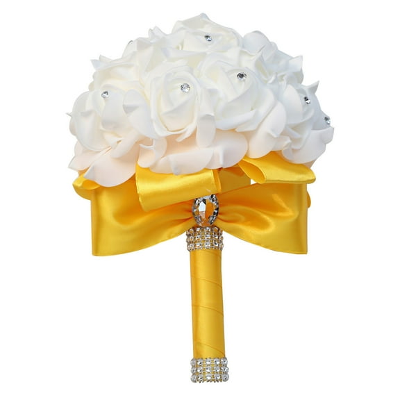 Zhuge Artificial Rose Wedding Bouquet Yellow Flowers Bridesmaid Toss Bouquet with Diamond Ribbons Fake Flower Hand Bouquets for Wedding, Engagement, Church