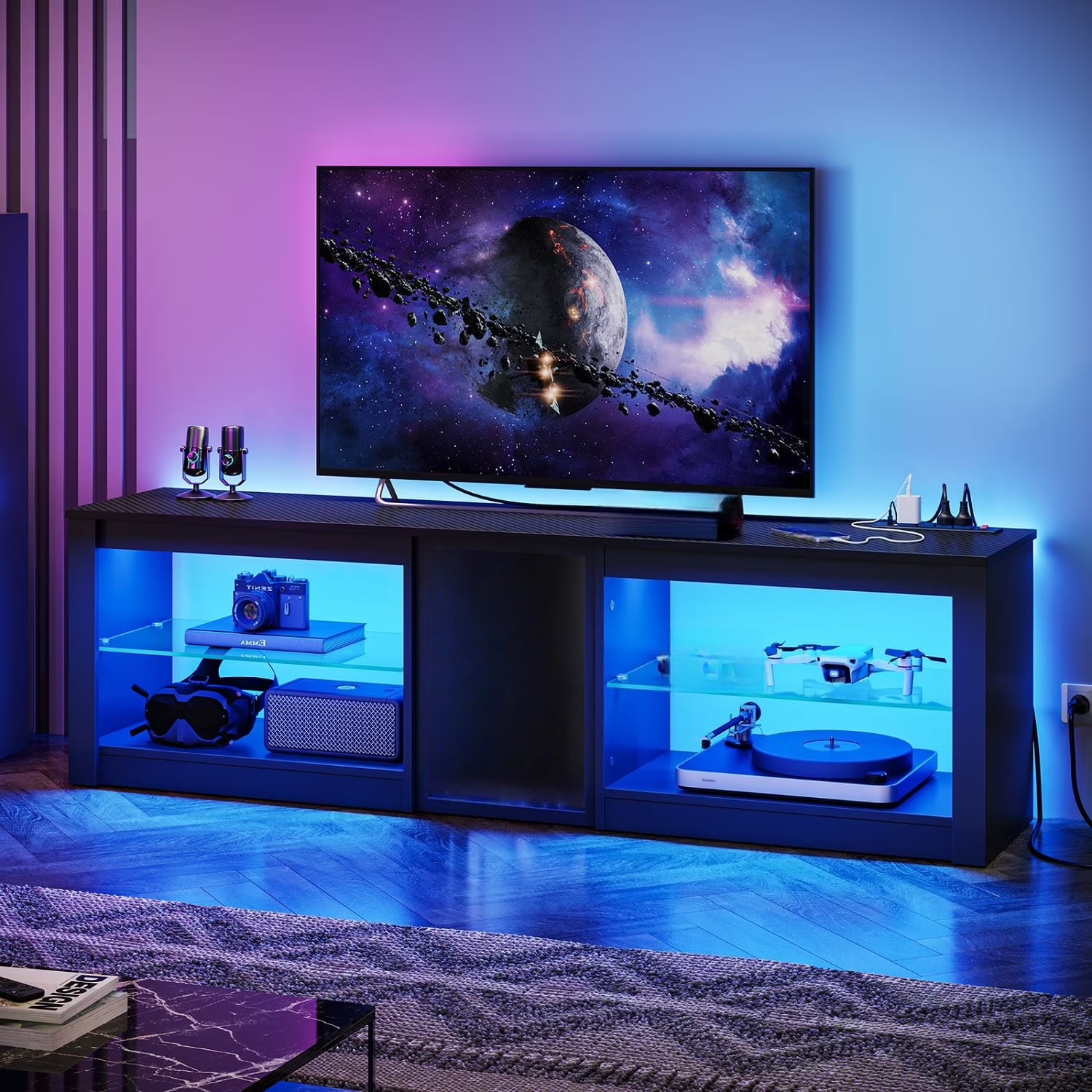 Bestier TV Stand for TVs up to 70" with LED Light, Entertainment Center for PS5 with Shelves, Wash White