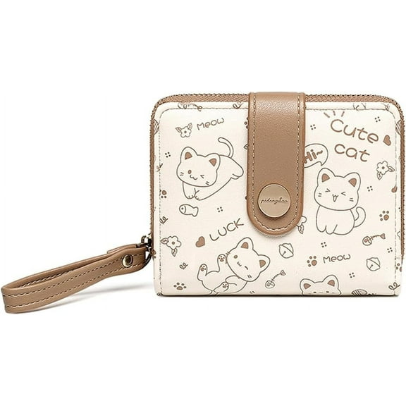Fashion Wallet Prints Kawaii Cat Wallets with Exterior Zipper Around Coin Purse Bill Wallet with ID Card Slots (GREEN)