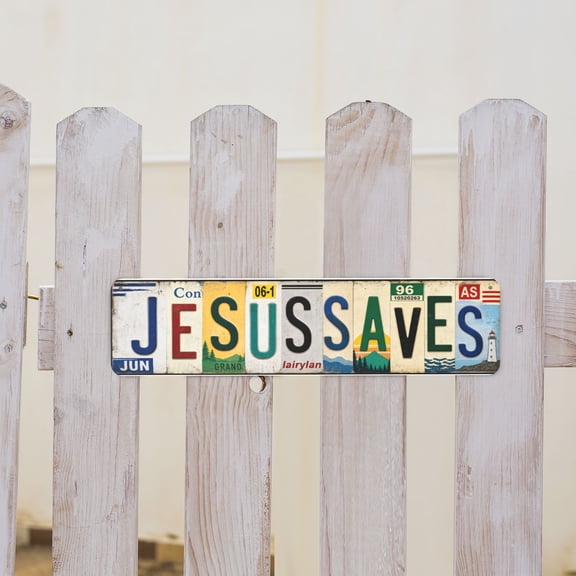 Vintage Jesus Saves License Plate Style Metal Tin Sign For Christian Home And Meditation Room Wall Decor 4x16 Inch