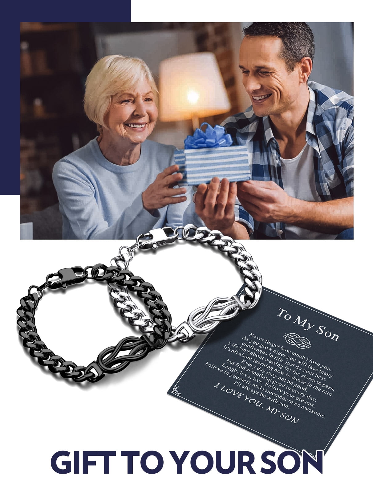Bandmax 9'' Black Cuban Chain Bracelet for Men Women Stainless Steel Infinity Knot Bracelet Link Chain Gift with Love Message Card Gift Father's Day Birthday for Son