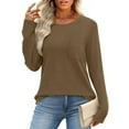 thumbnail image 6 of BiZtdJrK Womens Spring T Shirts Waffle Knit Long Sleeve Crew Neck Tee Tops Loose Fit Solid Dressy Casual Blouse with Chest Pocket Coffee L, 6 of 8