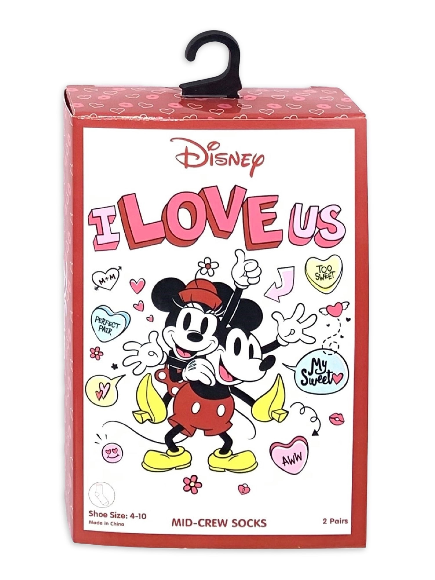 Disney Mickey & Friends, Valentine's Day Women's Mid-Crew Socks Box Set, 2-Pack, Size 4-10