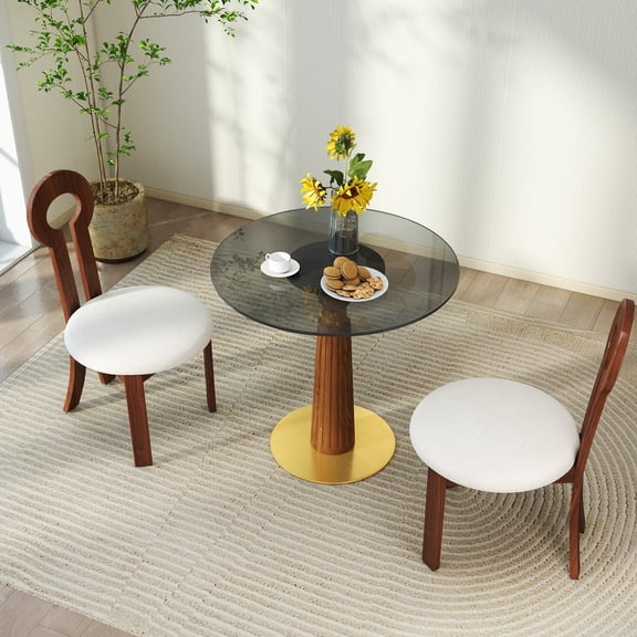 Dokea Modern Round Dining Table, 33.5" Tempered Glass Table with Wooden Leg & Gold Base - 2 Person Kitchen Table
