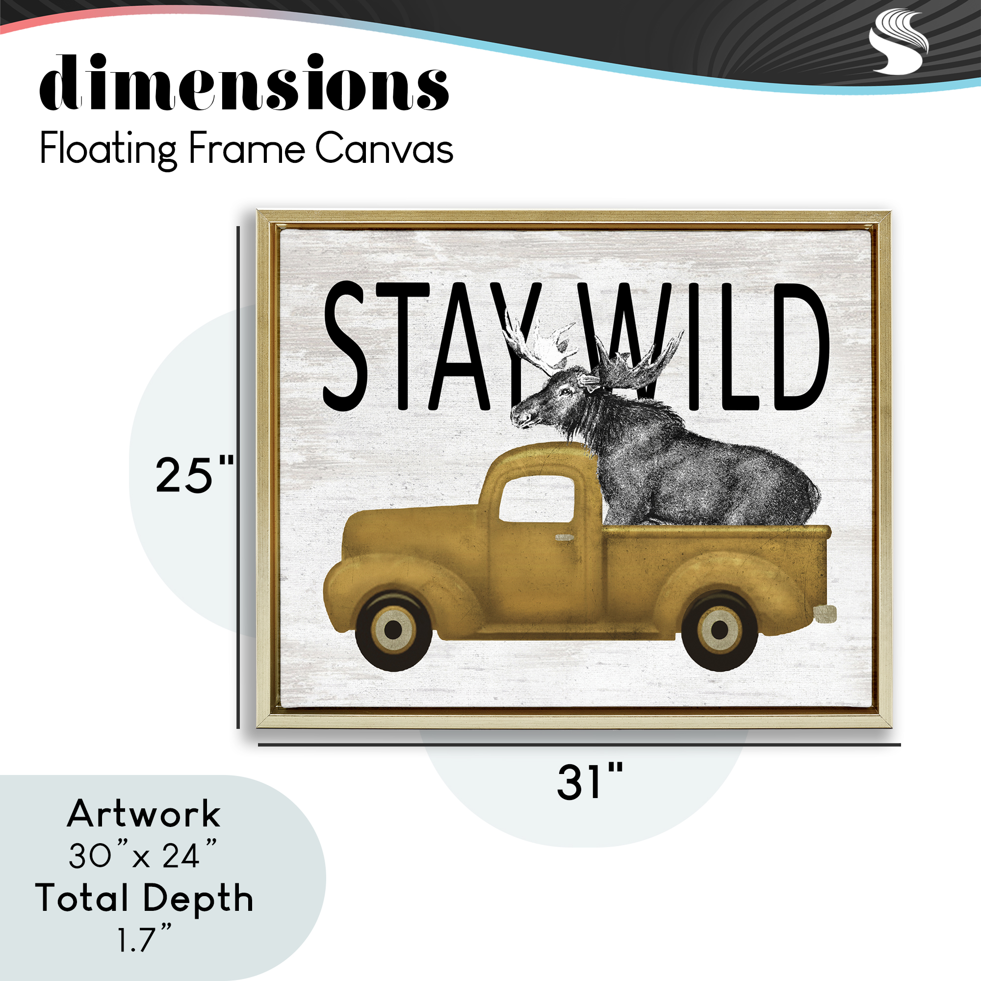 Stay Wild Moose Truck Gold Framed Floater Canvas Wall Art, design by Lettered and Lined