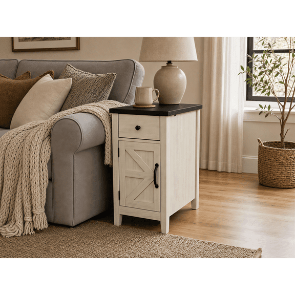 HOQBN Farmhouse End Table with Charging Station, Nightstand with Barn Door and Drawer, Bedside Table for Bedroom Living Room, White Black
