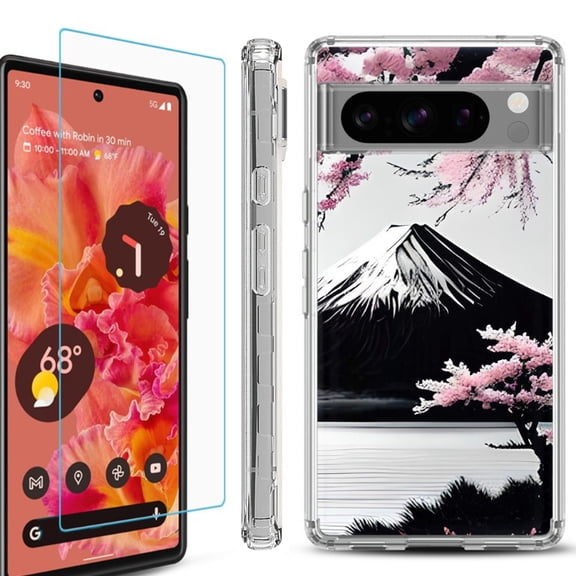 OneToughShield ® Compatible with Google Pixel 8 Pro, Shockproof Phone Case, with Tempered Glass Screen Protector - Fuji Sakura