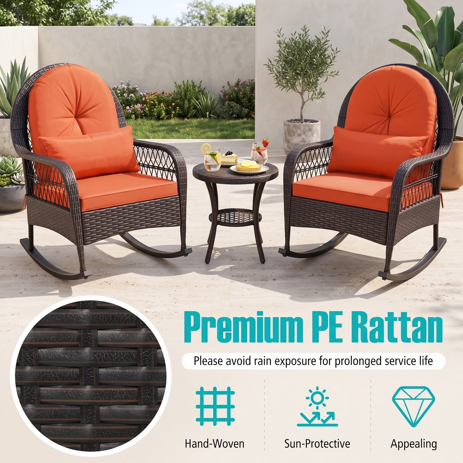 Furnibear Patio Rattan Rocking Chair with Soft Seat, Back Cushions and Waist Pillow for Front Porch, Backyard and Poolside, Red