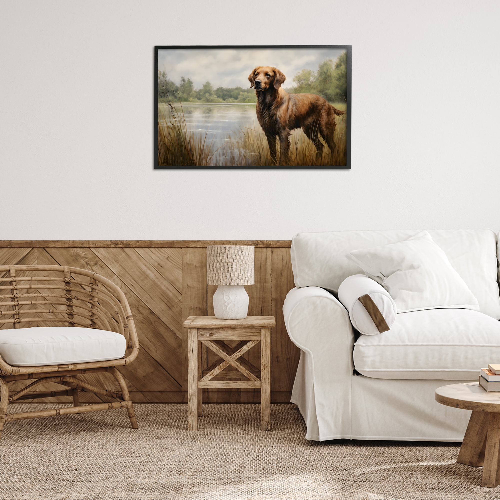 Stupell Industries Retriever Dog & Pond Landscape Painting Black Framed Art Print Wall Art, 30 x 20