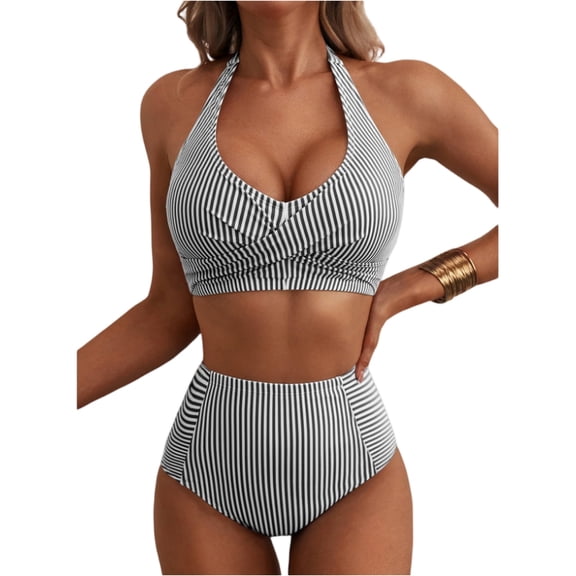 Women's High Waisted 2 Piece Bikini Sets Halter Swimsuits Striped Bathing Suit Summer Beach Swimwear 2026 Black XL