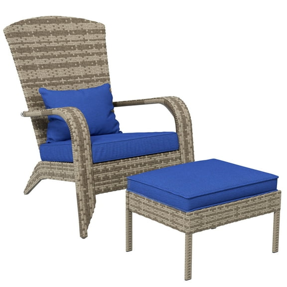 Patio Furniture Outsunny Patio Wicker Adirondack Chair with Ottoman, Outdoor Fire Pit Chair with Cushions, High-Back, Large Seat & Armrests for Deck, Garden & Backyard, Dark Blue,Patio Chairs
