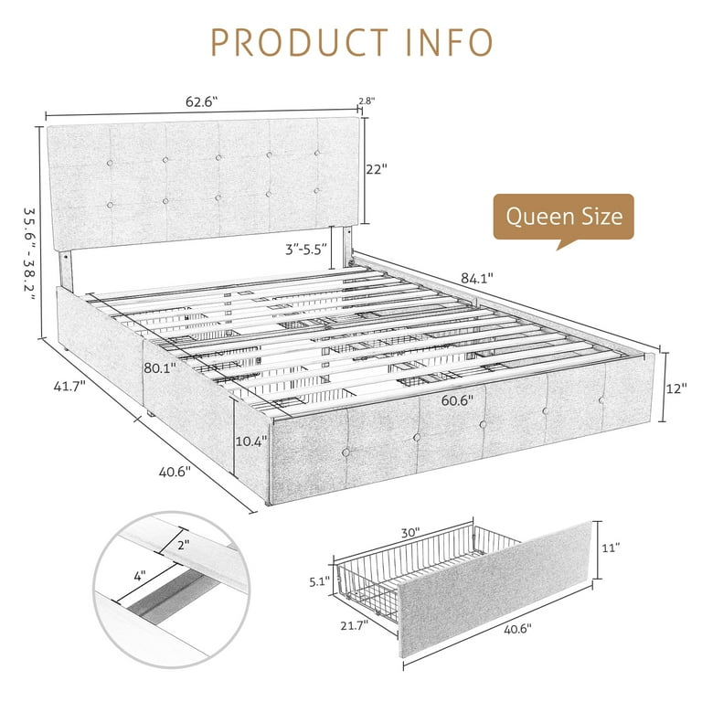 Sha Cerlin Dark Grey Queen Fabric Platform Bed Frame with 4