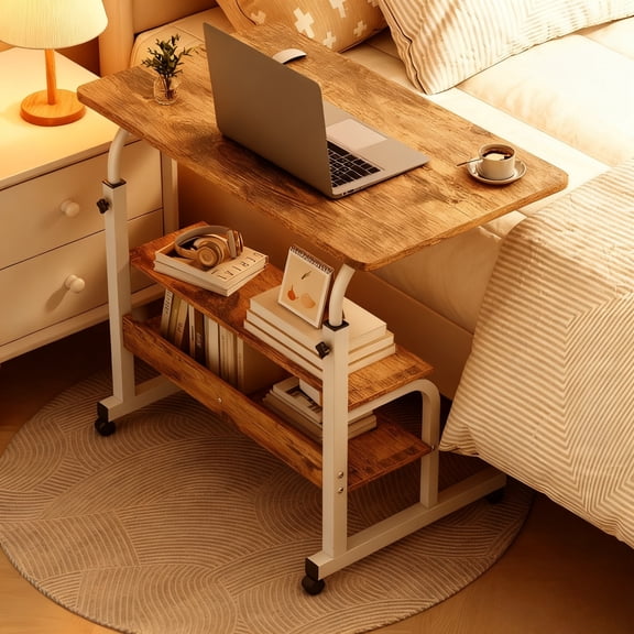Height Adjustable Overbed Table with Storage, Wheels, Mobile Laptop Desk for Bedside, Work, Study