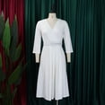 thumbnail image 3 of AURA Plus Size V Neck Pleated Midi Dress High Waist Belted A Line 3 4 Sleeve Elegant Summer Work Dress with Zipper, 3 of 9