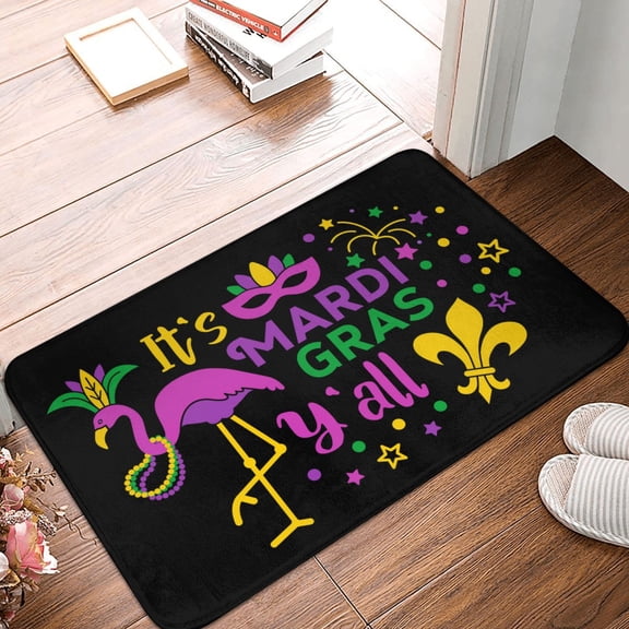 Front Door Mat Indoor Outdoor Outside Entrance - 16*24in Washable Mardi Gras With Flamingo Thin Bathroom Rugs Fit Under Door, Bath Rugs for Bathroom, Kitchen Rugs Mats for Floor